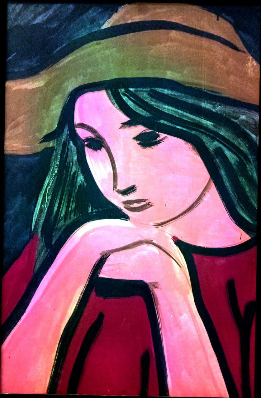 Эркин Жолдасов. Девушка в красном с коричневой шляпой. 1983