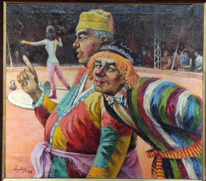 Рифкат Азиханов. “Ташкентский цирк” – триптих – “На арене клоуны Акрам Юсупов и Юрий Долгов”